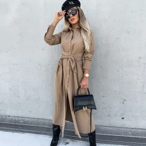 Women Autumn Winter Solid Color Cardigan Long Sleeve Maxi Shirt Dress