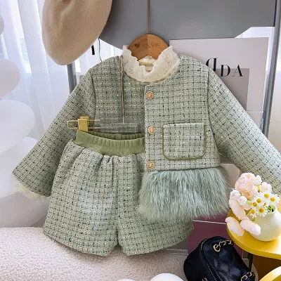 Kids Girls Fashion Winter Fleece-Lined Plush Plaid Long-Sleeve Coat Loose Shorts Two-Piece Set