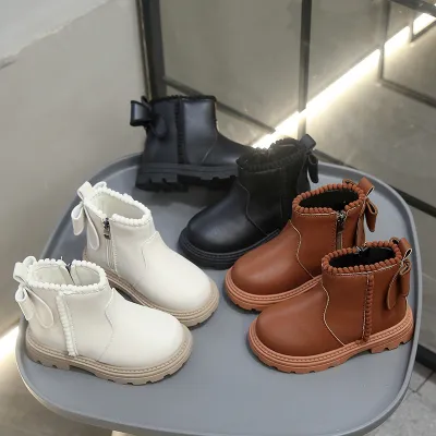 Kids GirlS Autumn And Winter Fashion Solid Color Zipper Bowknot Boots