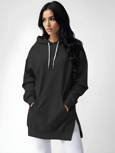 Spring And Autumn Women Long Sleeve Side-Slit Solid Color Pullover Hoodie