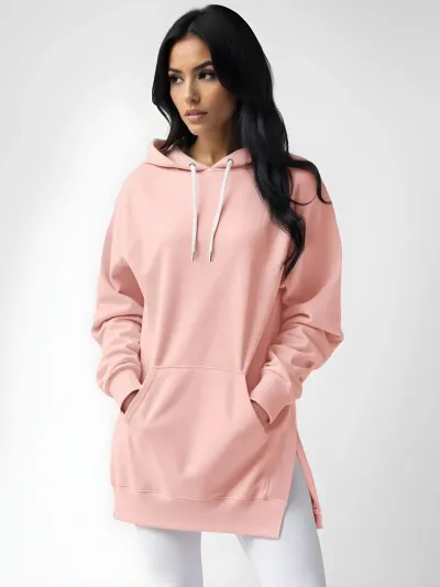 Spring And Autumn Women Long Sleeve Side-Slit Solid Color Pullover Hoodie