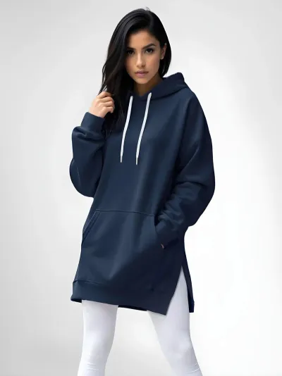 Spring And Autumn Women Long Sleeve Side-Slit Solid Color Pullover Hoodie
