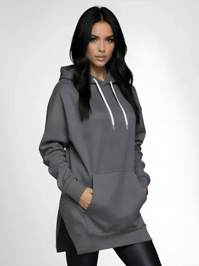 Spring And Autumn Women Long Sleeve Side-Slit Solid Color Pullover Hoodie