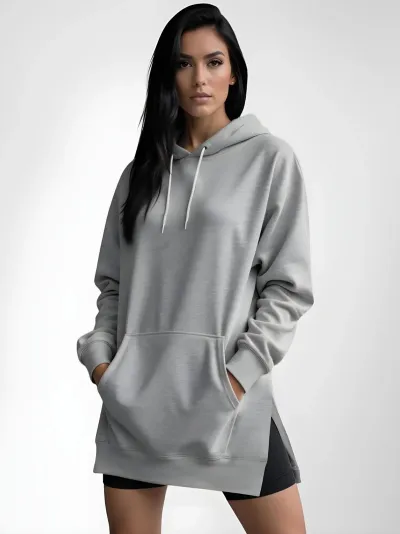 Spring And Autumn Women Long Sleeve Side-Slit Solid Color Pullover Hoodie