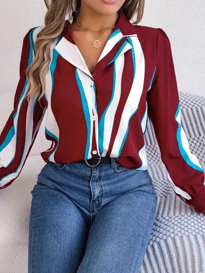 Women Casual Contrast Stripe Lapel Long Sleeve Blouse