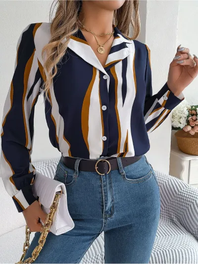Women Casual Contrast Stripe Lapel Long Sleeve Blouse