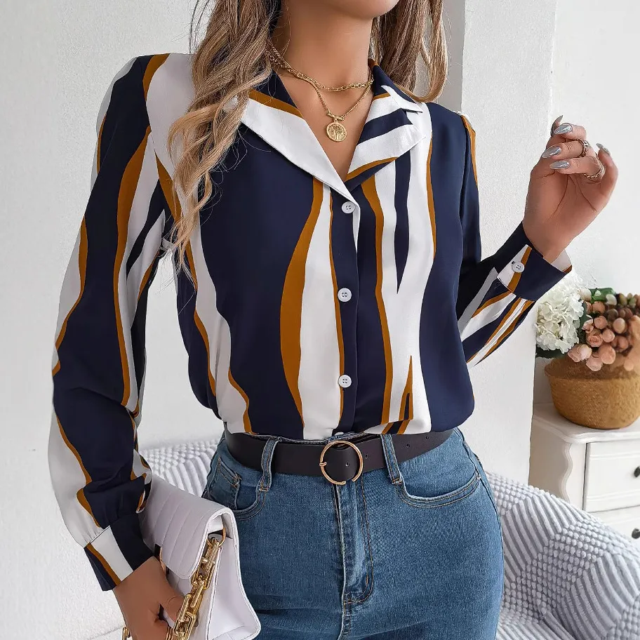 Women Casual Contrast Stripe Lapel Long Sleeve Blouse