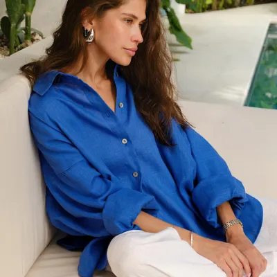 Women Casual Cotton Linen Lapel Long-Sleeve Blouse Solid Color