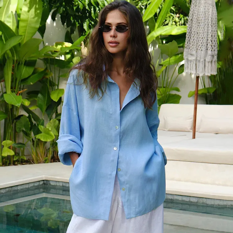 Women Casual Cotton Linen Lapel Long-Sleeve Blouse Solid Color