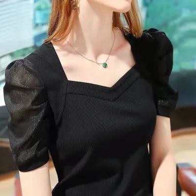 Women Casual Slim Fit V-Neck Bubble Sleeve T-Shirt - Solid Color Ice Silk Fabric