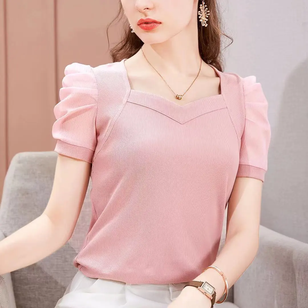 Women Casual Slim Fit V-Neck Bubble Sleeve T-Shirt - Solid Color Ice Silk Fabric