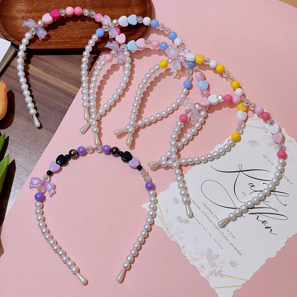 Kids Girl Fashion Multicolor Beaded Plastic Hair Band with Bow Heart Pattern
