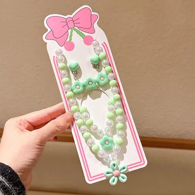 Kids Girl Fashion Flower Beads Necklace Bracelets Earrings Rings 5-Piece Set