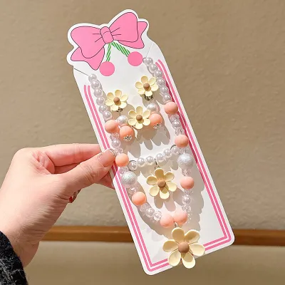 Kids Girl Fashion Flower Beads Necklace Bracelets Earrings Rings 5-Piece Set