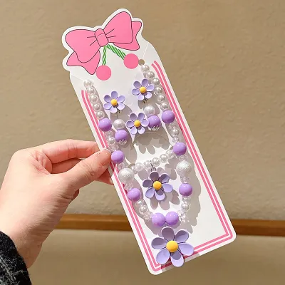 Kids Girl Fashion Flower Beads Necklace Bracelets Earrings Rings 5-Piece Set
