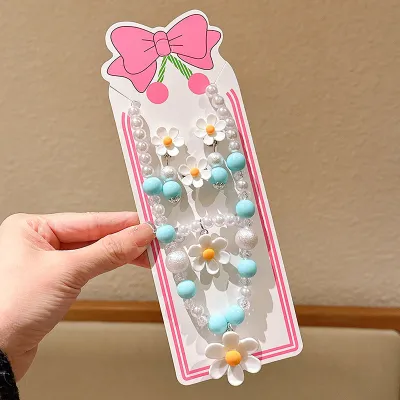 Kids Girl Fashion Flower Beads Necklace Bracelets Earrings Rings 5-Piece Set
