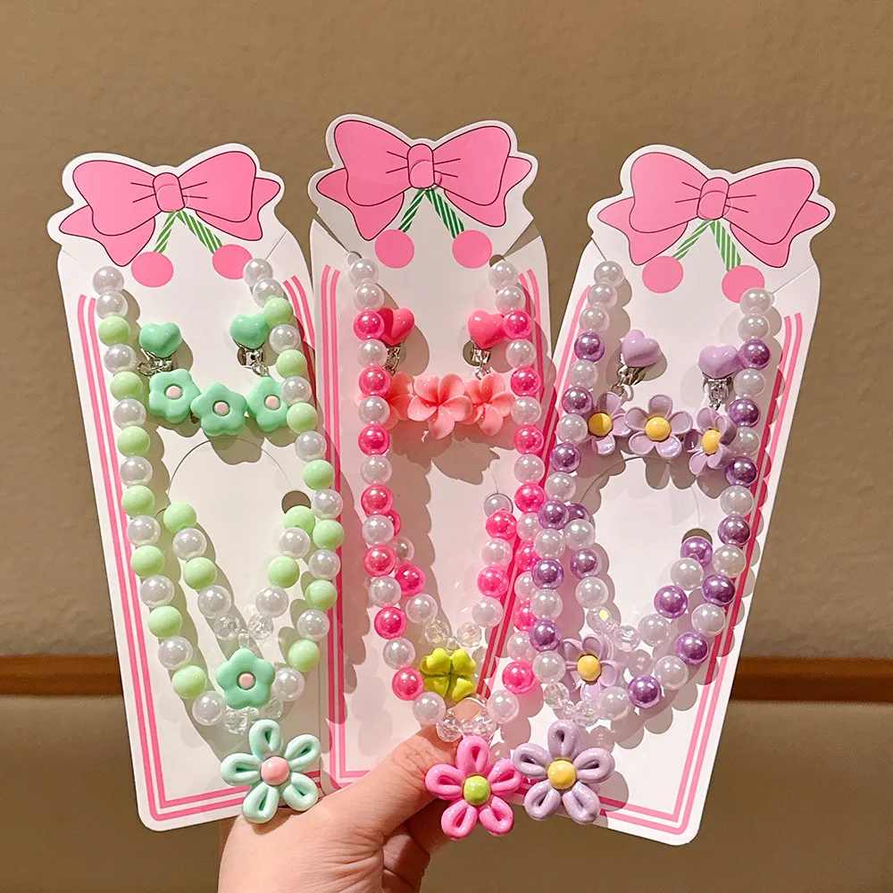 Kids Girl Fashion Flower Beads Necklace Bracelets Earrings Rings 5-Piece Set