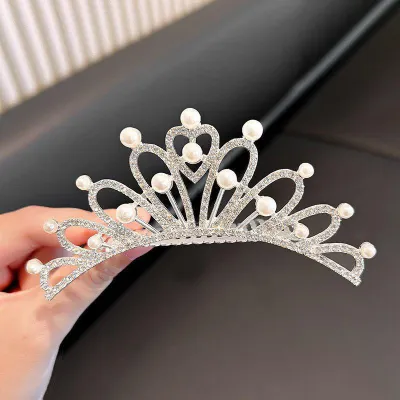 Kids Girl Elegant Pearl Crystal Rhinestone Crown Hair Accessories