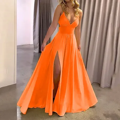 Fashion Women Sling V-Neck Backless Lace-Up Vented Maxi Dress