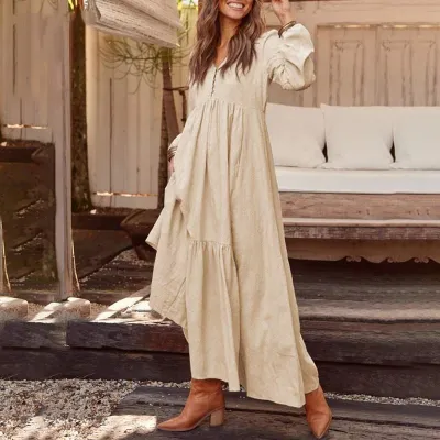 Autumn Winter Women Cotton Linen Retro Casual Long Sleeve Loose Maxi Dress