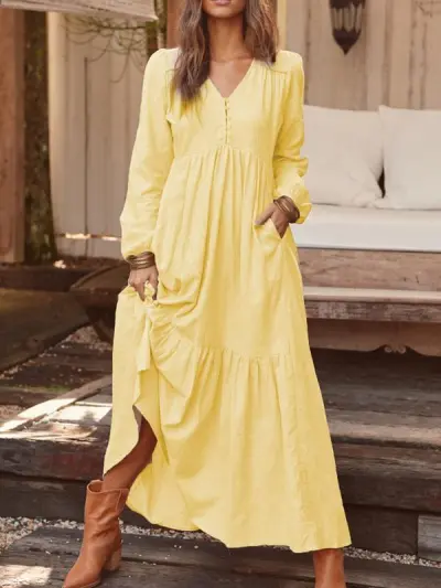 Autumn Winter Women Cotton Linen Retro Casual Long Sleeve Loose Maxi Dress