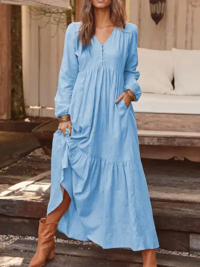 Autumn Winter Women Cotton Linen Retro Casual Long Sleeve Loose Maxi Dress
