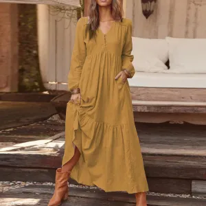 Autumn Winter Women Cotton Linen Retro Casual Long Sleeve Loose Maxi Dress