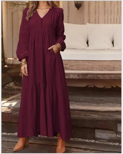 Autumn Winter Women Cotton Linen Retro Casual Long Sleeve Loose Maxi Dress