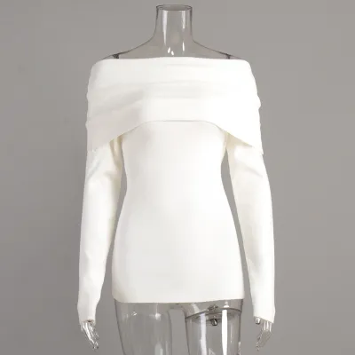 Women Autumn Winter Long Sleeve Off-Shoulder Knitted Pullover Sweater