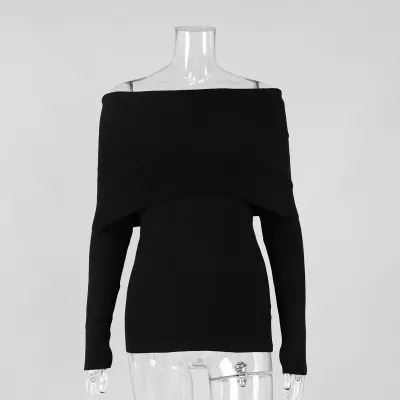Women Autumn Winter Long Sleeve Off-Shoulder Knitted Pullover Sweater