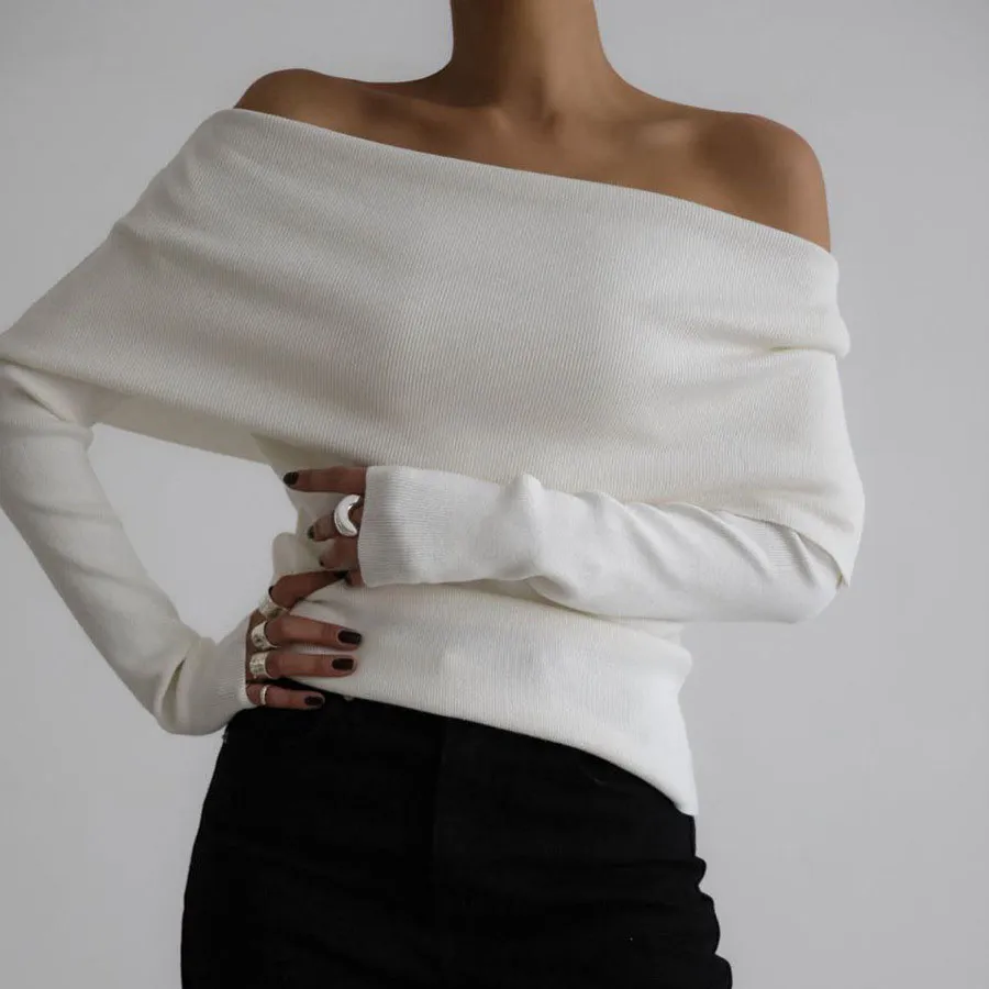 Women Autumn Winter Long Sleeve Off-Shoulder Knitted Pullover Sweater