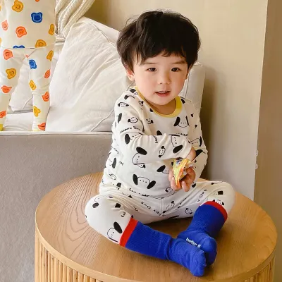 Unisex Kids Cotton Printed Long-Sleeve Top and Slim Fit Pants Pajamas Two-Piece Set for Autumn Winter
