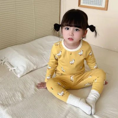 Unisex Kids Cotton Printed Long-Sleeve Top and Slim Fit Pants Pajamas Two-Piece Set for Autumn Winter