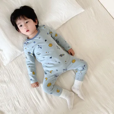 Unisex Kids Cotton Printed Long-Sleeve Top and Slim Fit Pants Pajamas Two-Piece Set for Autumn Winter
