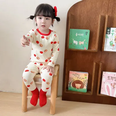 Unisex Kids Cotton Printed Long-Sleeve Top and Slim Fit Pants Pajamas Two-Piece Set for Autumn Winter