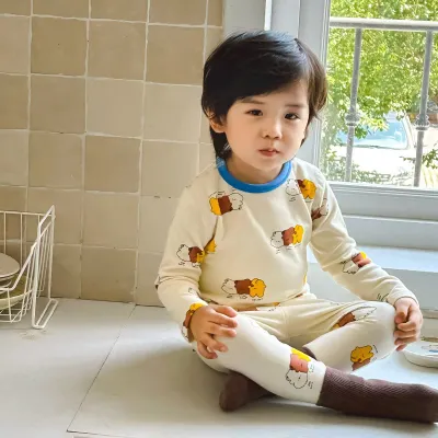Unisex Kids Cotton Printed Long-Sleeve Top and Slim Fit Pants Pajamas Two-Piece Set for Autumn Winter