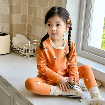 Unisex Kids Cotton Printed Long-Sleeve Top and Slim Fit Pants Pajamas Two-Piece Set for Autumn Winter