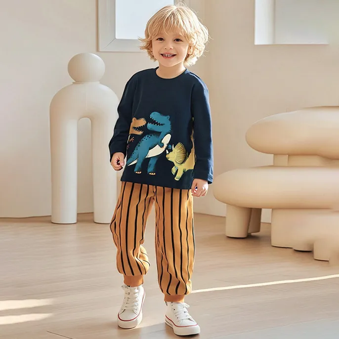Kids Boy Autumn Cartoon Animal Stripe Print Long-Sleeve Sweatshirt and Pants Two-Piece Set