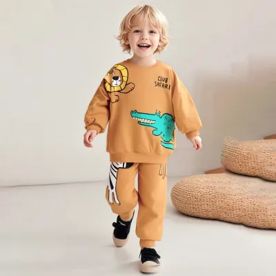 Kids Boy Cartoon Autumn Cotton Animal Print Round-Neck Long-Sleeve Sweatshirt Loose Pants Two-Piece Set