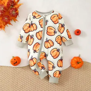 Kids Girl Halloween Pumpkin Print Zip Front Long-Sleeve Jumpsuit