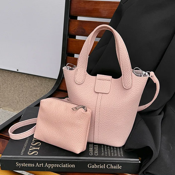 Women Fashion Casual Solid Color Bucket HandBag Two-Piece Bag Set