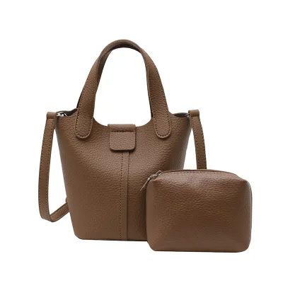 Women Fashion Casual Solid Color Bucket HandBag Two-Piece Bag Set