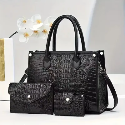 Women Fashion Casual Crocodile Large Capacity Handbag Three-Piece Bag Set
