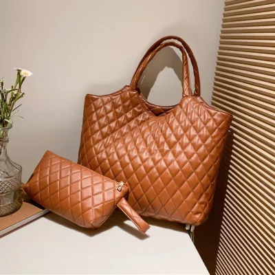 Women Fashion Casual Solid Color Rhombic Large Capacity Handbag Two-Piece Bag Set
