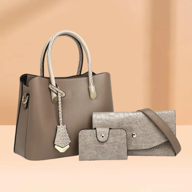 Women Fashion Casual Crocodile Pattern Large Capacity Handbag Three-Piece Bag Set