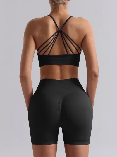 Women's Solid Color Seamless Backless Bra and Tight Shorts Sports Two-Piece Set