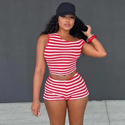 Women Fashion Sexy Stripe Tank Top Slim-Fit Shorts Two-Piece Set