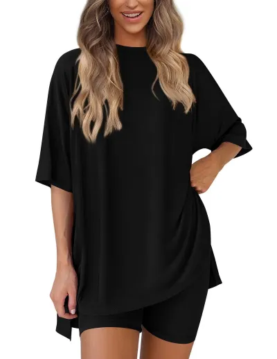 Women Fashion Casual Solid Color Loose Short-Sleeve T-Shirt Tight Shorts Two-Piece Set