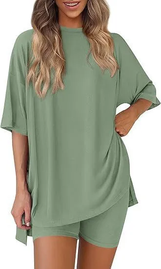 Women Fashion Casual Solid Color Loose Short-Sleeve T-Shirt Tight Shorts Two-Piece Set