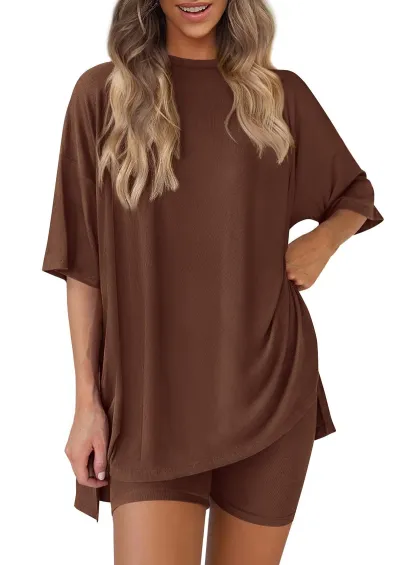 Women Fashion Casual Solid Color Loose Short-Sleeve T-Shirt Tight Shorts Two-Piece Set